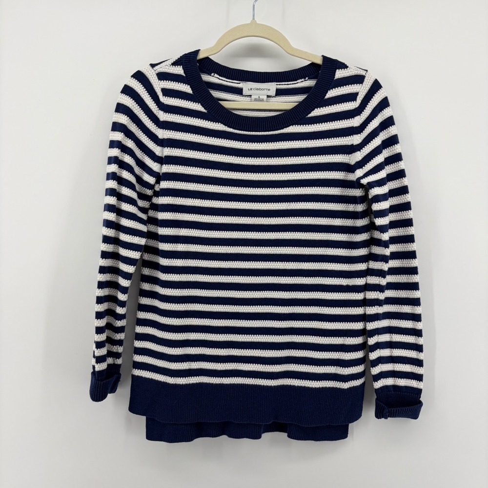Liz Claiborne Women‎ Small Navy White Striped Cotton Crewneck Textured Sweater